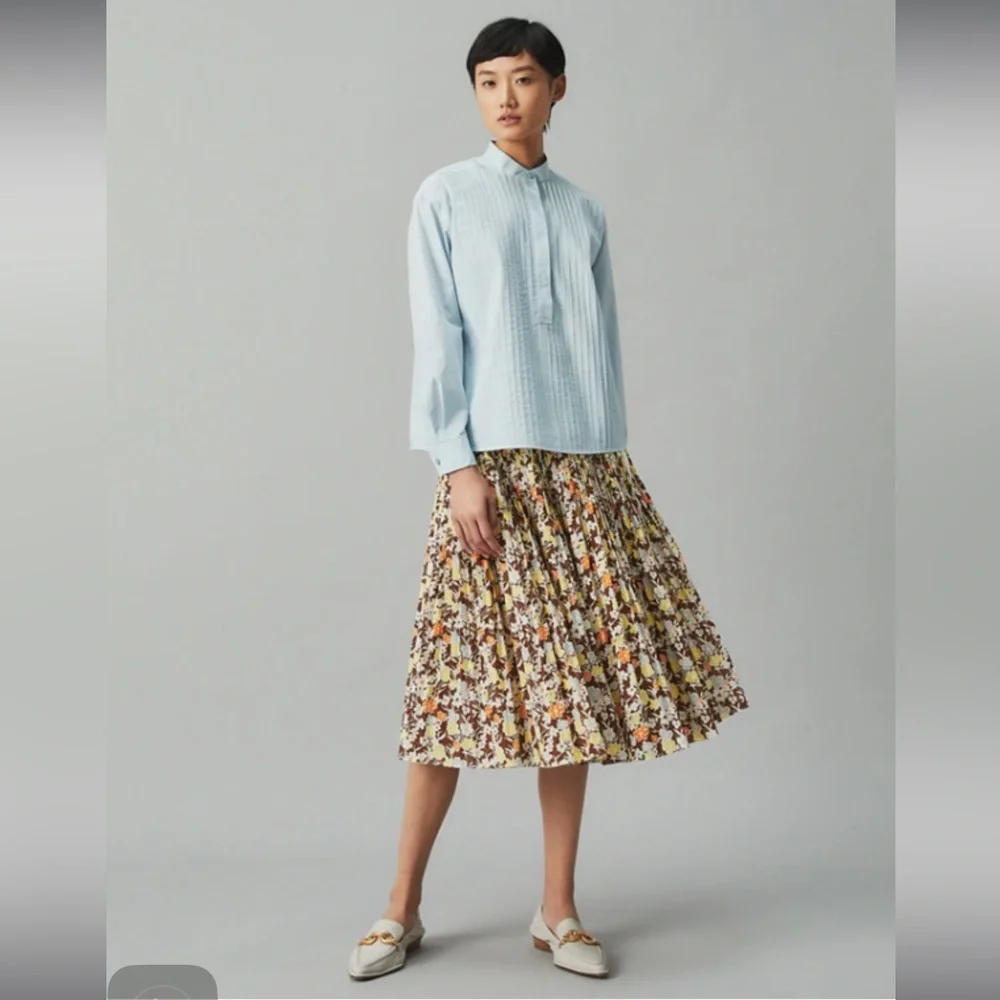 🆕 TORY BURCH Spring Blue Poplin Pleated Shirt | Women’s Size 0 | NWT